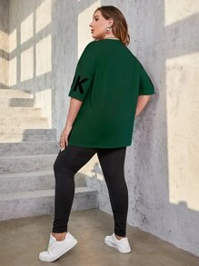 Mulvari Plus Slogan Graphic Drop Shoulder Tee & Leggings - Dark Green - View 2