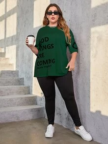 Mulvari Plus Slogan Graphic Drop Shoulder Tee & Leggings - Dark Green - View 3