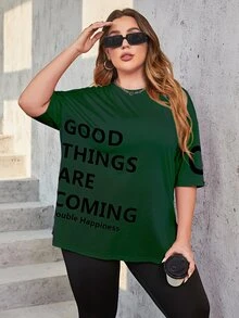 Mulvari Plus Slogan Graphic Drop Shoulder Tee & Leggings - Dark Green - View 4
