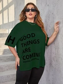 Mulvari Plus Slogan Graphic Drop Shoulder Tee & Leggings - Dark Green - View 5