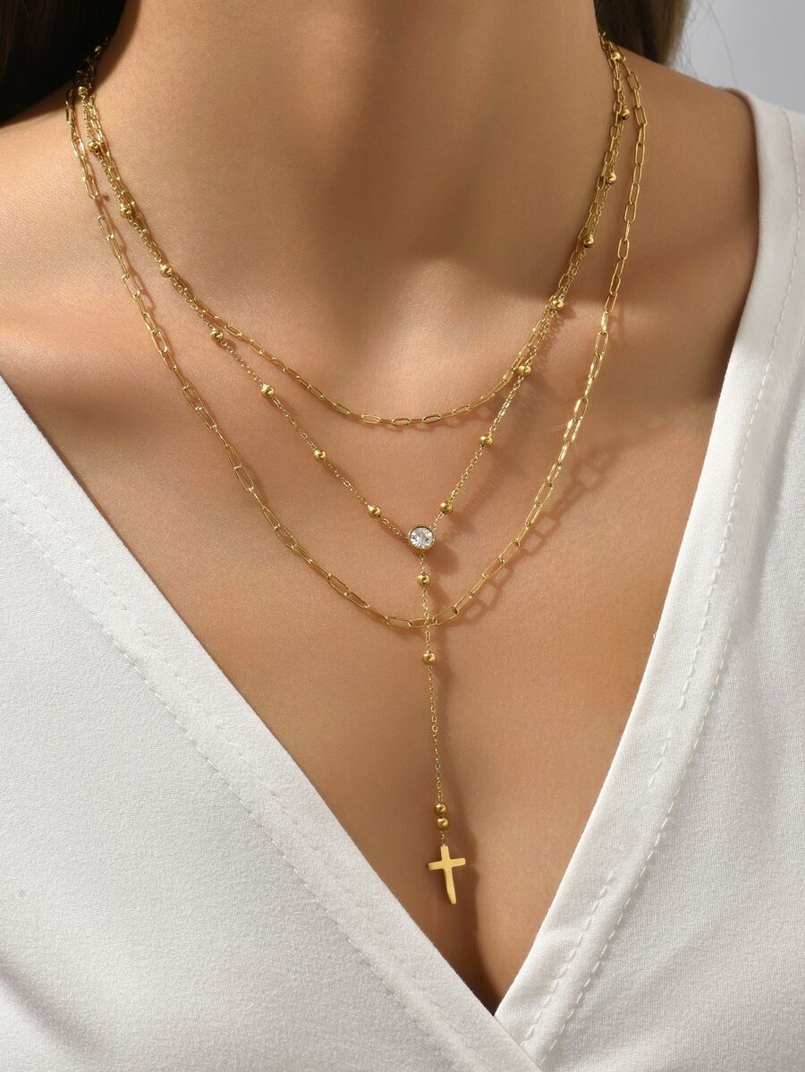 時尚高級歐美風格，輕奢鑽石三層重疊穿戴十字交叉流蘇不鏽鋼女項鍊，適合日常佩戴 - 金黃色 - 查看 1