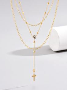 時尚高級歐美風格，輕奢鑽石三層重疊穿戴十字交叉流蘇不鏽鋼女項鍊，適合日常佩戴 - 金黃色 - 查看 2