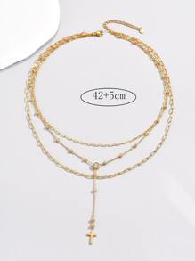 時尚高級歐美風格，輕奢鑽石三層重疊穿戴十字交叉流蘇不鏽鋼女項鍊，適合日常佩戴 - 金黃色 - 查看 3