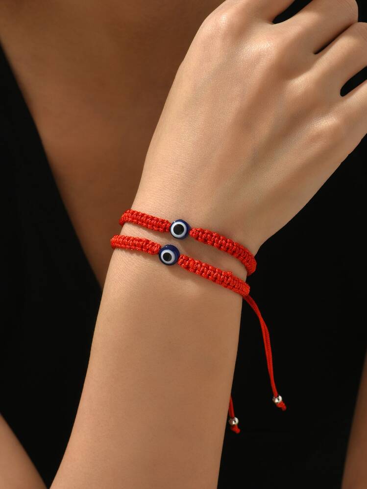 2pcs Set Fashionable Minimalist Best Friend/Couple Blue Eyes Braided Matching Bracelets For Women - Red - View 3