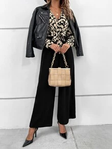 SHEIN Clasi Graphic Print Surplice Neck Belted Jumpsuit - Multicolor - View 3