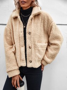 Cazadora teddy de hombros caídos con parche de bolsillo - Albaricoque - Ver 3