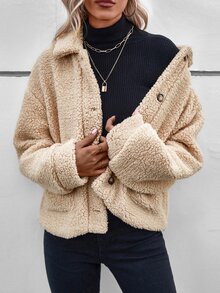 Cazadora teddy de hombros caídos con parche de bolsillo - Albaricoque - Ver 6