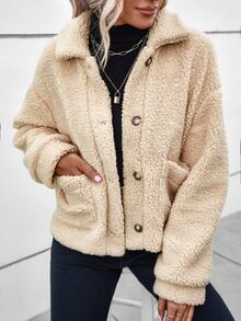 Cazadora teddy de hombros caídos con parche de bolsillo - Albaricoque - Ver 7