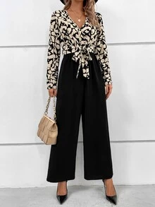 SHEIN Clasi Graphic Print Surplice Neck Belted Jumpsuit - Multicolor - View 5