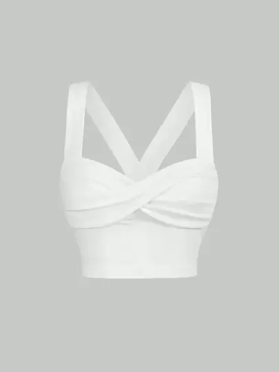 SHEIN MOD White Summer Wide Shoulder Straps Twist Front Wide Strap Top