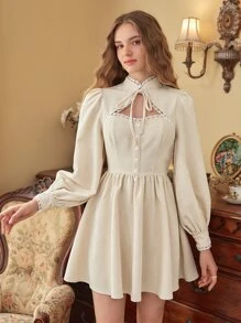 SHEIN MOD Tie Neck Lace Trim Lantern Sleeve Corduroy Dress - Beige - View 1