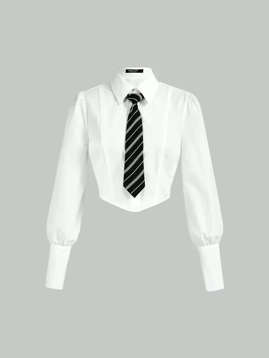 SHEIN MOD Solid Button Through Crop Shirt With Tie - White - View 1