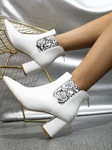 Snakeskin Embossed Point Toe Chunky Heeled Classic Boots - White - View 1