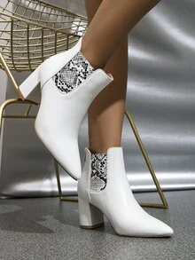 Snakeskin Embossed Point Toe Chunky Heeled Classic Boots - White - View 2