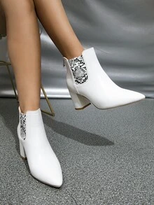 Snakeskin Embossed Point Toe Chunky Heeled Classic Boots - White - View 3