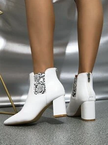 Snakeskin Embossed Point Toe Chunky Heeled Classic Boots - White - View 4