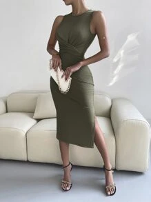 Chiquease Crossover Knot Back Split Thigh Dress - Army Green - View 3