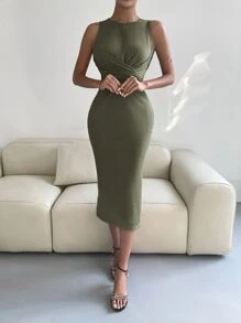 Chiquease Crossover Knot Back Split Thigh Dress - Army Green - View 5