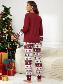 Christmas Tree & Slogan Graphic PJ Set / Pajama Set - Red and White - View 2