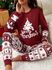 Christmas Tree & Slogan Graphic PJ Set / Pajama Set - Red and White - View 3