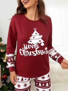 Christmas Tree & Slogan Graphic PJ Set / Pajama Set - Red and White - View 4