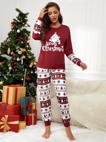 Christmas Tree & Slogan Graphic PJ Set / Pajama Set - Red and White - View 5