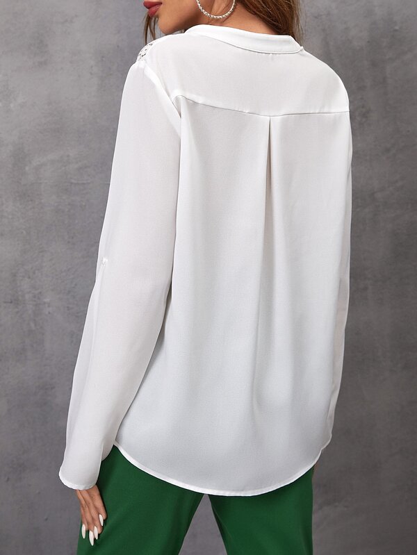 Guipure Lace Insert Roll Tab Sleeve Blouse SHEIN USA