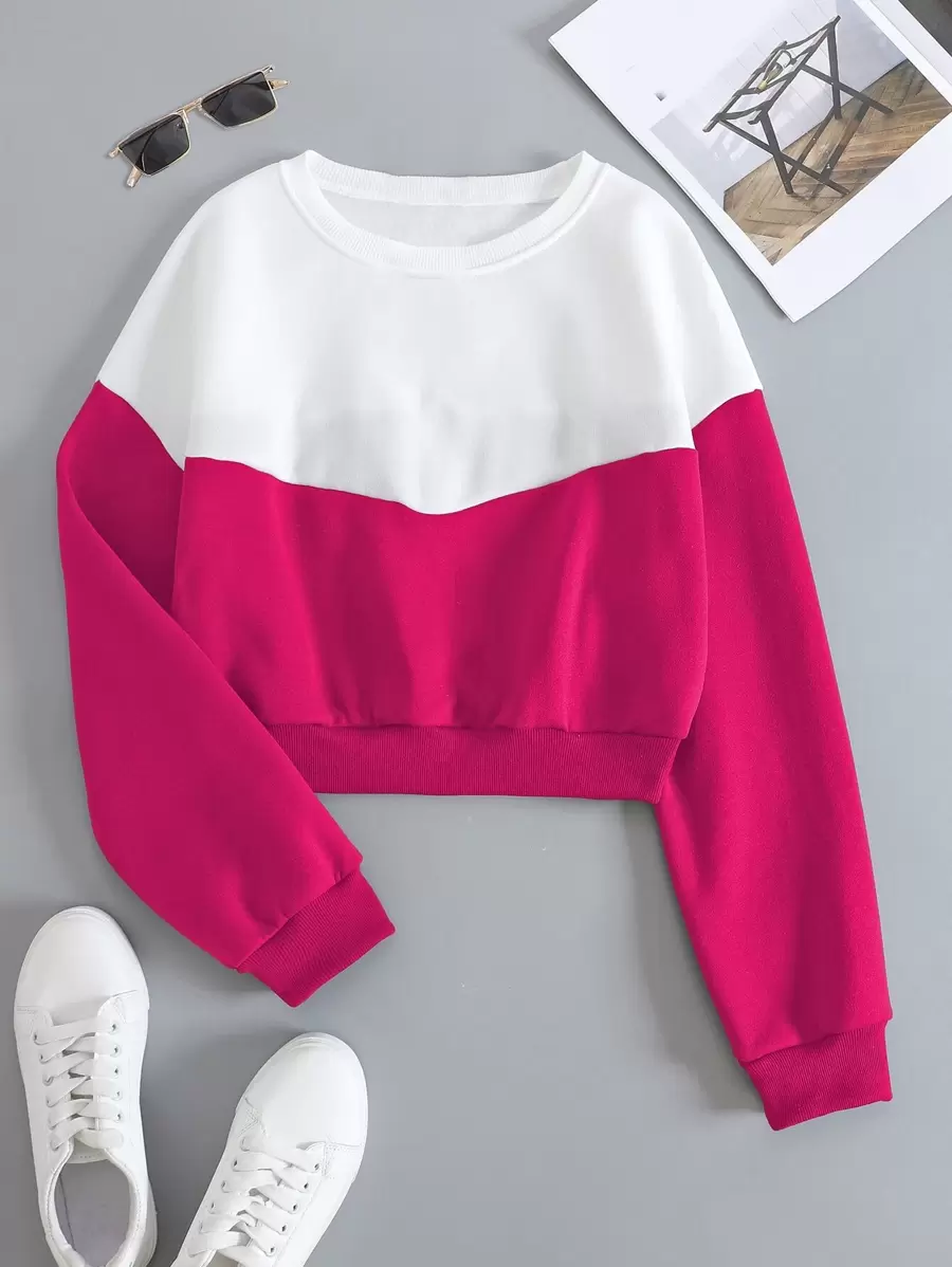 Suéter de cuello redondo de dos tonos con hombros caídos, blusas de manga larga para graduación, maestros, regreso a la escuela en otoño - Multicolor - Ver 1