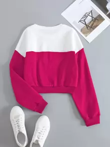 Suéter de cuello redondo de dos tonos con hombros caídos, blusas de manga larga para graduación, maestros, regreso a la escuela en otoño - Multicolor - Ver 2