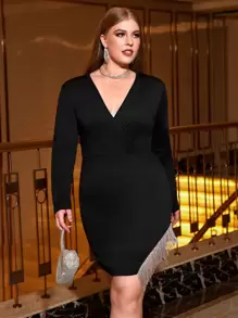 Cravure Plus Fringe Trim Asymmetrical Hem Bodycon Dress - Black - View 1