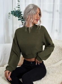 SHEIN LUNE Mock Neck Drop Shoulder Crop Sweatshirt - Army Green - View 1