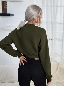 SHEIN LUNE Mock Neck Drop Shoulder Crop Sweatshirt - Army Green - View 2