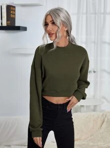 SHEIN LUNE Mock Neck Drop Shoulder Crop Sweatshirt - Army Green - View 3