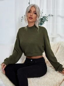 SHEIN LUNE Mock Neck Drop Shoulder Crop Sweatshirt - Army Green - View 4