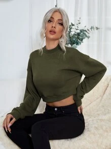 SHEIN LUNE Mock Neck Drop Shoulder Crop Sweatshirt - Army Green - View 6