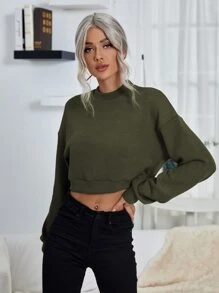 SHEIN LUNE Mock Neck Drop Shoulder Crop Sweatshirt - Army Green - View 7