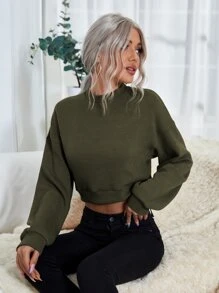 SHEIN LUNE Mock Neck Drop Shoulder Crop Sweatshirt - Army Green - View 8