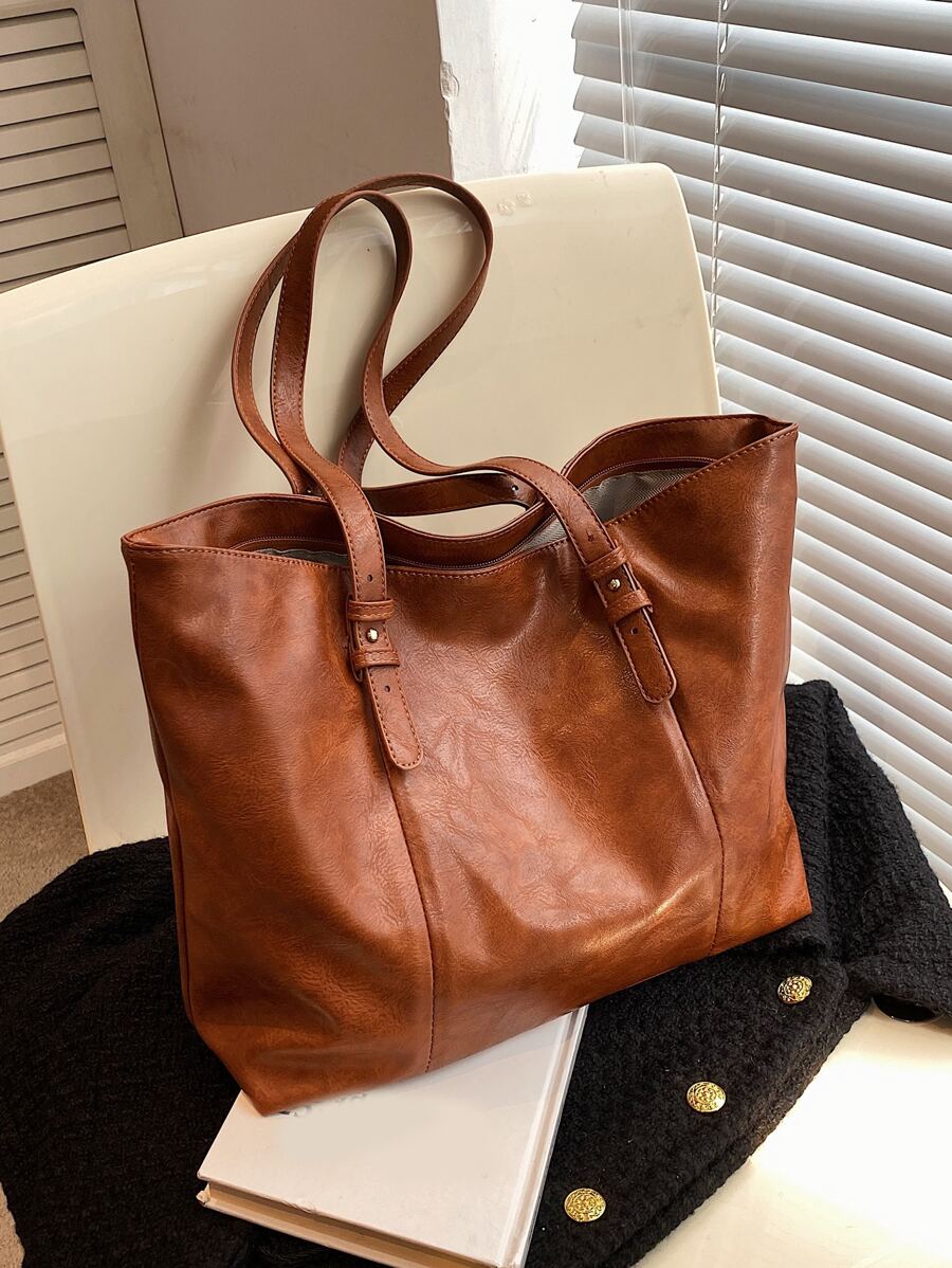 简约双面单肩托特包，母亲节送给妈妈的礼物，大容量托特包，适合工作和旅行 - 棕色 - 查看 1