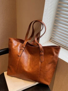 简约双面单肩托特包，母亲节送给妈妈的礼物，大容量托特包，适合工作和旅行 - 棕色 - 查看 2