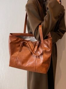 简约双面单肩托特包，母亲节送给妈妈的礼物，大容量托特包，适合工作和旅行 - 棕色 - 查看 3