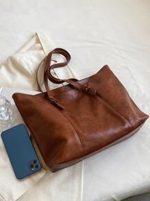 简约双面单肩托特包，母亲节送给妈妈的礼物，大容量托特包，适合工作和旅行 - 棕色 - 查看 6