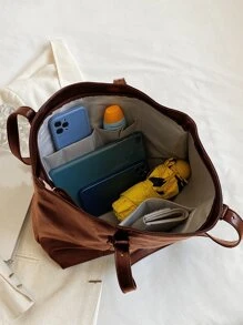 简约双面单肩托特包，母亲节送给妈妈的礼物，大容量托特包，适合工作和旅行 - 棕色 - 查看 7