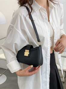 鱷魚印花極簡金屬裝飾鱷紋肩背包,適用於商務/通勤/工作/辦公室 - 黑色 - 查看 2