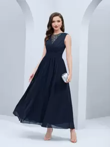 SHEIN Belle 亮片拼接後拉鏈伴娘連衣裙 - 藏蓝色 - 查看 1