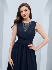 SHEIN Belle 亮片拼接後拉鏈伴娘連衣裙 - 藏蓝色 - 查看 3