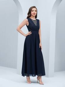 SHEIN Belle 亮片拼接後拉鏈伴娘連衣裙 - 藏蓝色 - 查看 4