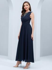 SHEIN Belle 亮片拼接後拉鏈伴娘連衣裙 - 藏蓝色 - 查看 5