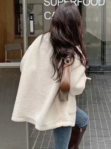 DAZY 落肩口袋贴布泰迪外套，女士冬季休闲纽扣，口袋落肩领常规版型白色纯色女式外套，休闲日常女式夹克，秋季女装