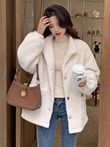 DAZY 落肩口袋贴布泰迪外套，女士冬季休闲纽扣，口袋落肩领常规版型白色纯色女式外套，休闲日常女式夹克，秋季女装