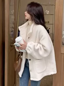 DAZY 落肩口袋贴布泰迪外套，女士冬季休闲纽扣，口袋落肩领常规版型白色纯色女式外套，休闲日常女式夹克，秋季女装